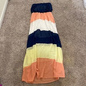 Strapless multi colored straight cut maxi dress